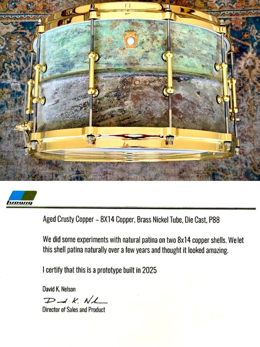 ONE-of-a-KIND LUDWIG PROTOTYPE “AGED CRUSTY COPPER” 8” X 14” COPPERPHONIC Snare Drum