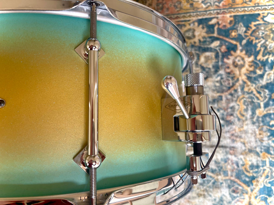 UNIQUE CRAVIOTTO 6 LUG Solid POPLAR 7” X 14” Snare CUSTOM Aqua Gold DUCO