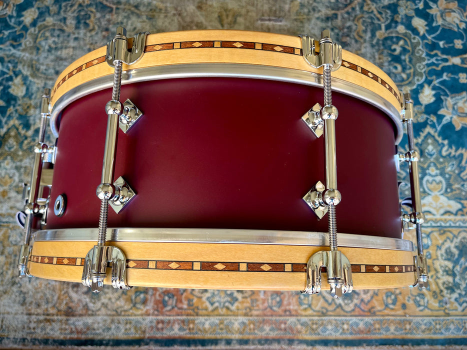 UNIQUE Custom Craviotto Solid Maple Snare w Inlay Wood Hoops 5.5” X 14” Maroon