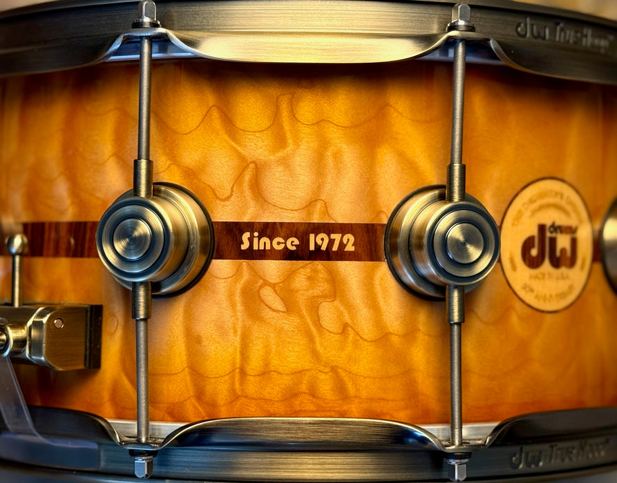 Rare DW 50th ANNIVERSARY EXOTIC Persimmon Spruce HVLT 6.5” X 14” Snare w FACTORY Everything! MAPLE & ROSEWOOD Inlay PERFECT