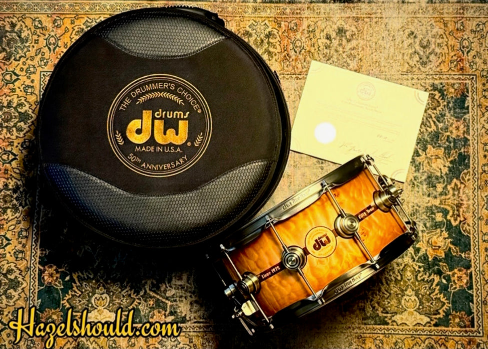 Rare DW 50th ANNIVERSARY EXOTIC Persimmon Spruce HVLT 6.5” X 14” Snare w FACTORY Everything! MAPLE & ROSEWOOD Inlay PERFECT