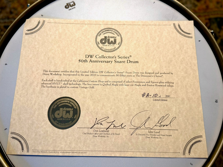 Rare DW 50th ANNIVERSARY EXOTIC Persimmon Spruce HVLT 6.5” X 14” Snare w FACTORY Everything! MAPLE & ROSEWOOD Inlay PERFECT