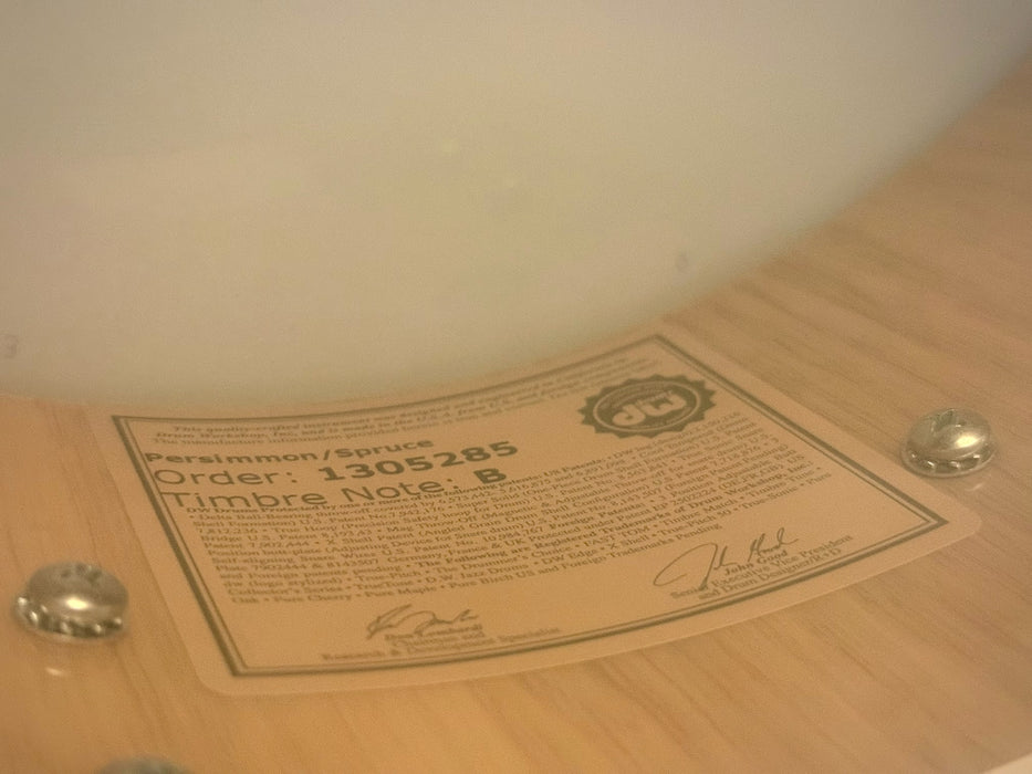 Rare DW 50th ANNIVERSARY EXOTIC Persimmon Spruce HVLT 6.5” X 14” Snare w FACTORY Everything! MAPLE & ROSEWOOD Inlay PERFECT