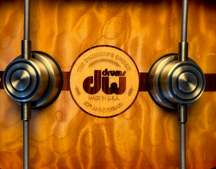 Rare DW 50th ANNIVERSARY EXOTIC Persimmon Spruce HVLT 6.5” X 14” Snare w FACTORY Everything! MAPLE & ROSEWOOD Inlay PERFECT