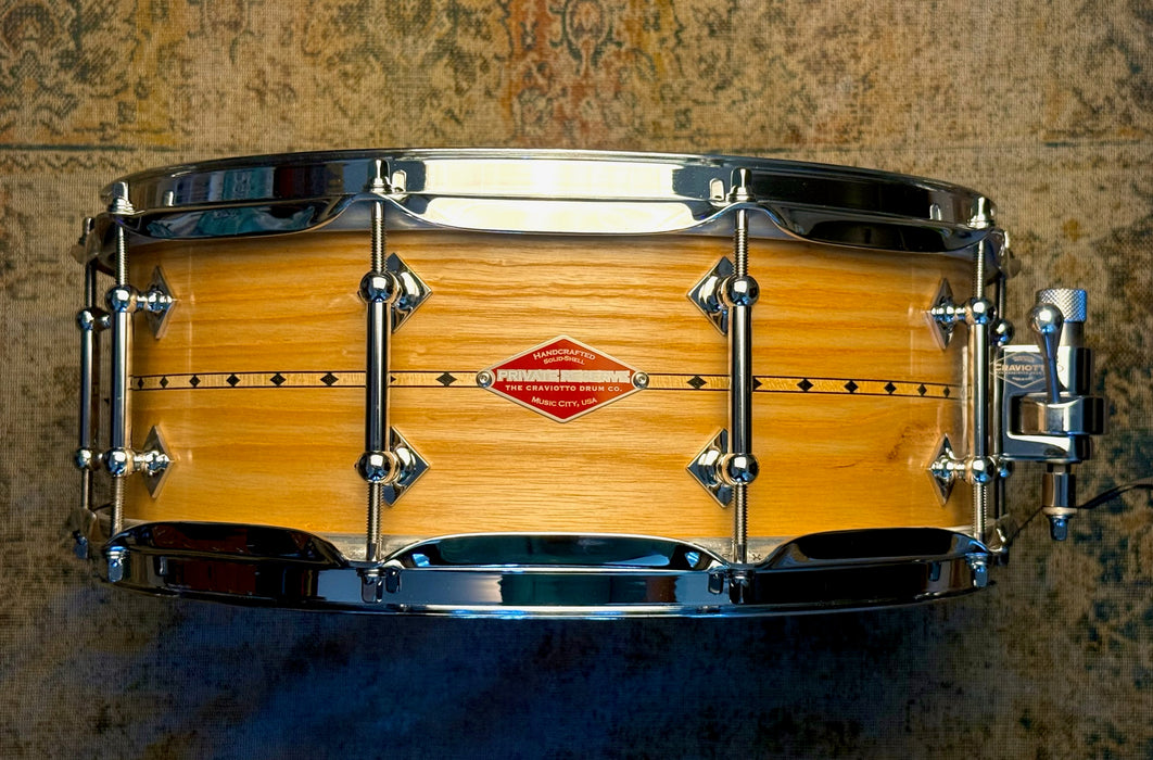 UNIQUE CRAVIOTTO Private Reserve SOLID ASH Snare Drum with Diamond Inlay! 5.5” X 14” STUNNING! Mint!