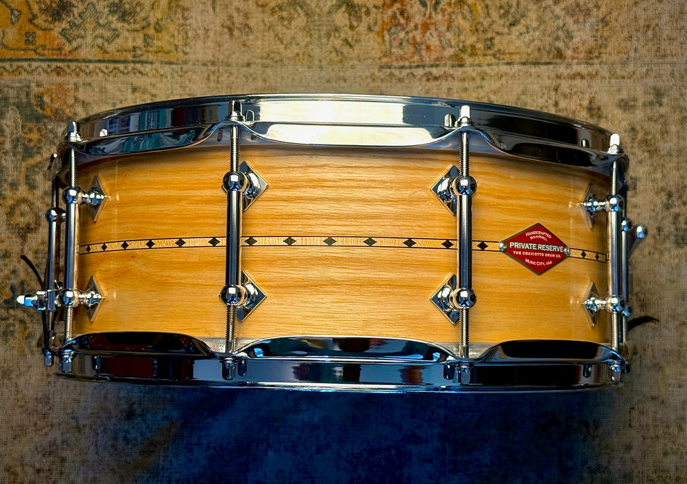 UNIQUE CRAVIOTTO Private Reserve SOLID ASH Snare Drum with Diamond Inlay! 5.5” X 14” STUNNING! Mint!