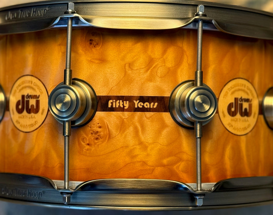 Rare DW 50th ANNIVERSARY EXOTIC Persimmon Spruce HVLT 6.5” X 14” Snare w FACTORY Everything! MAPLE & ROSEWOOD Inlay PERFECT