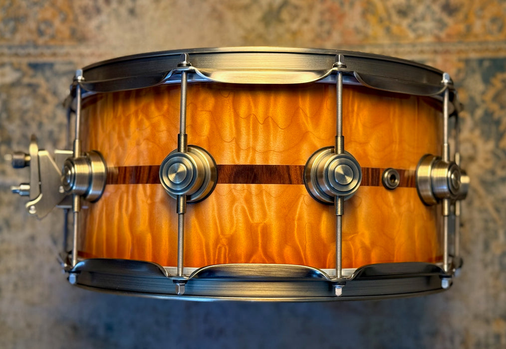 Rare DW 50th ANNIVERSARY EXOTIC Persimmon Spruce HVLT 6.5” X 14” Snare w FACTORY Everything! MAPLE & ROSEWOOD Inlay PERFECT