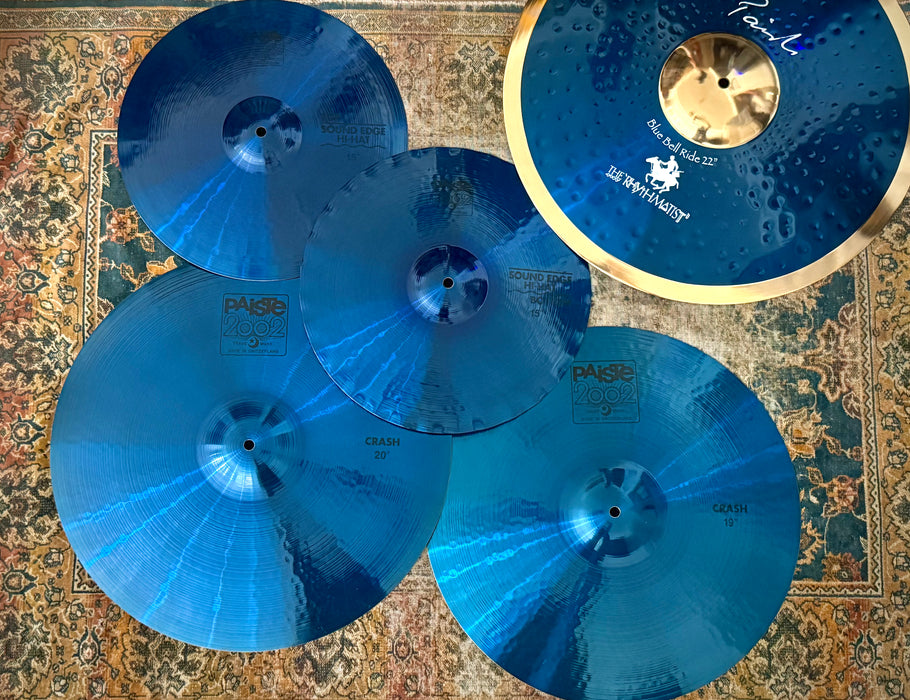 Unique Paiste ONE Of A KIND Custom Blue 2002 15" Sound Edge Hihats, 19" Crash, 20" Crash SET... With Black Labels!!!!!!!