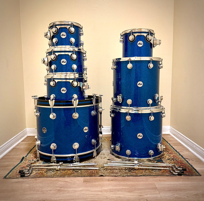 Custom DW Collector's Series SANTA MONICA Drum Set 10", 12", 13", 16", 18", 22", 10" Concert BLUE GLASS GLITTER Finish