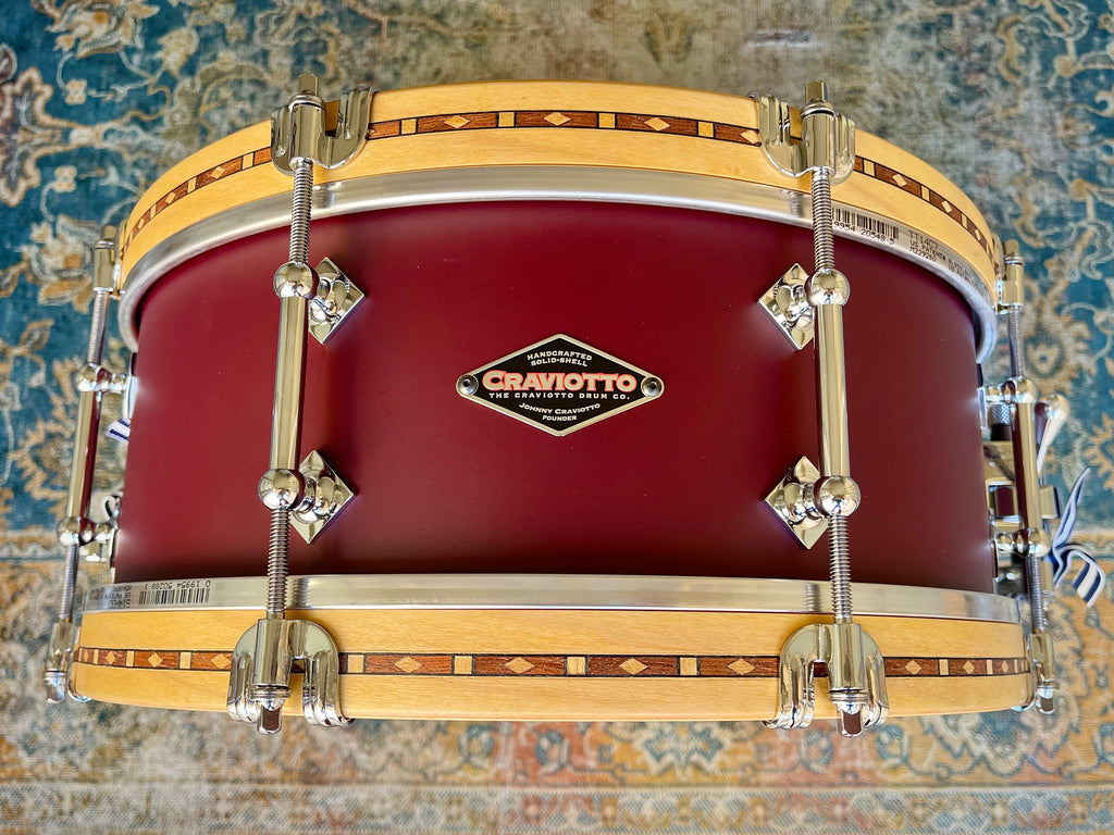 UNIQUE Custom Craviotto Solid Maple Snare w Inlay Wood Hoops 5.5 X 14 Maroon