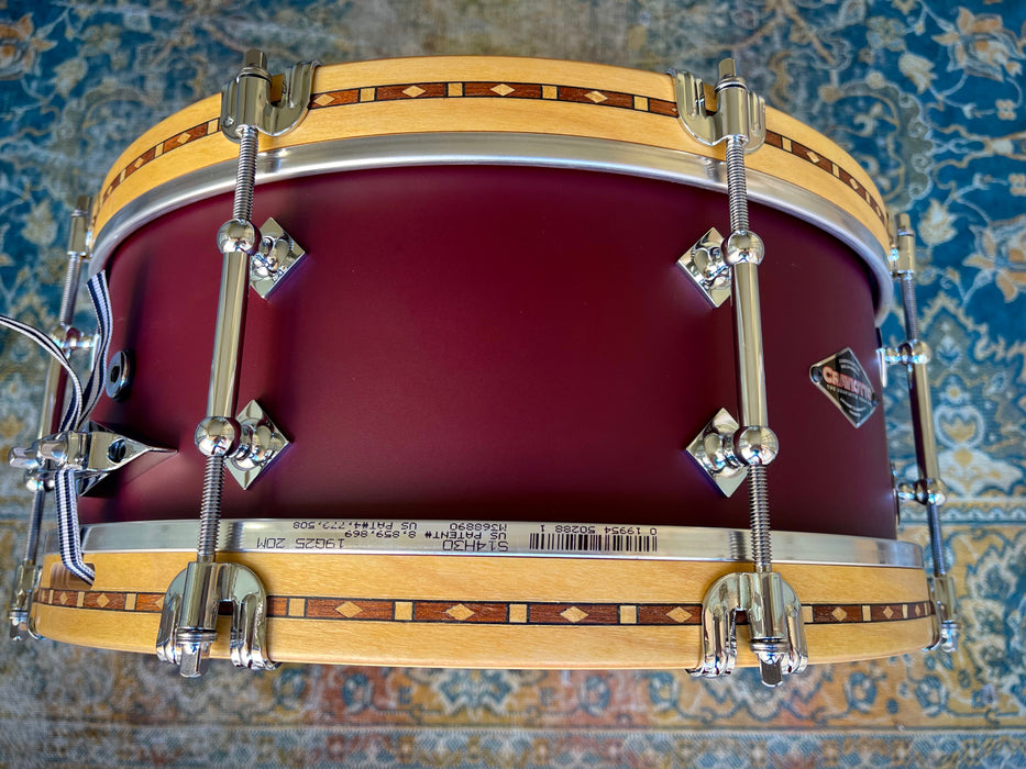 UNIQUE Custom Craviotto Solid Maple Snare w Inlay Wood Hoops 5.5” X 14” Maroon