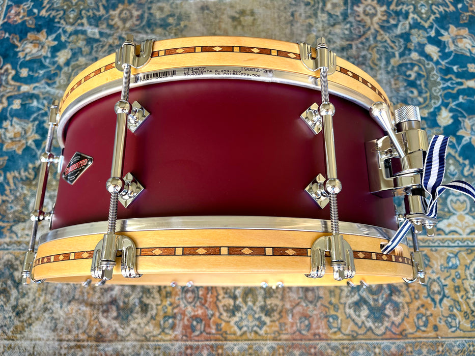 UNIQUE Custom Craviotto Solid Maple Snare w Inlay Wood Hoops 5.5” X 14” Maroon